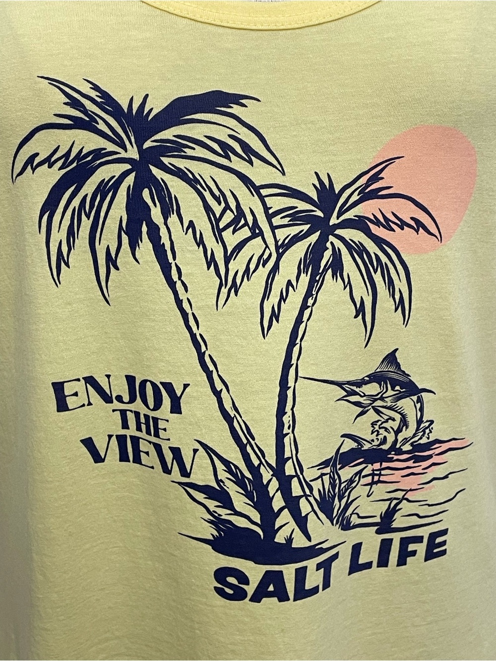 Salt Life Yellow Razorback Tank with Navy Palm Sunset Graphic “Enjoy the View” - Picture 3 of 8